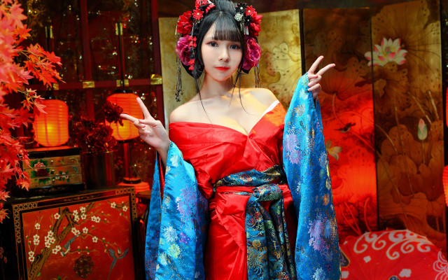 Woman red dress shawl background free wallpaper for desktop - medium preview image