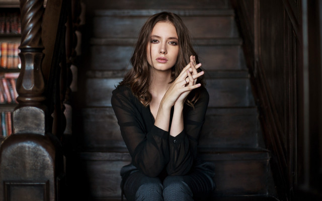Woman sitting staircase black shirt free wallpaper for desktop - medium preview image