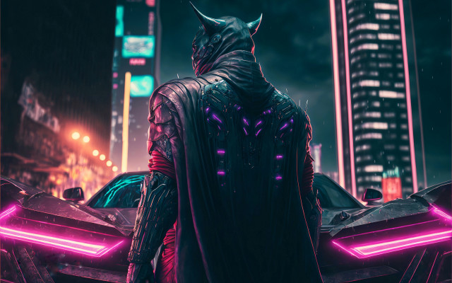 Batman costume city night neon free wallpaper for desktop - medium preview image