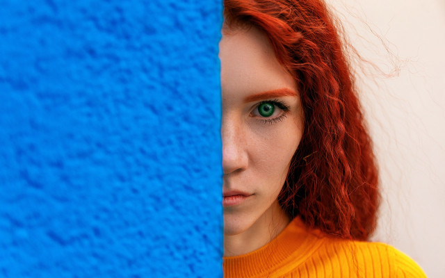 Red hair green eyes blue free wallpaper for desktop - medium preview image