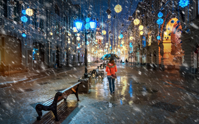 Woman umbrella rain night city free wallpaper for desktop - medium preview image