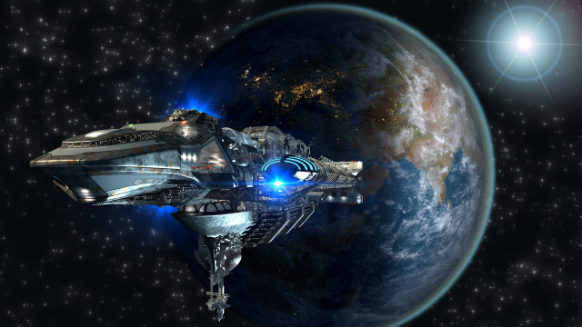Spaceship blue light planet stars free wallpaper for desktop - medium preview image