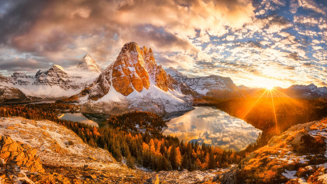 Mountain lake trees sunset clouds free wallpaper for desktop - medium preview image