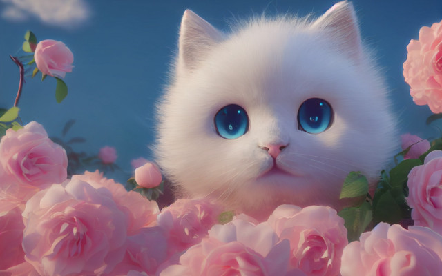 White cat blue eyes pink #3 free wallpaper for desktop - medium preview image