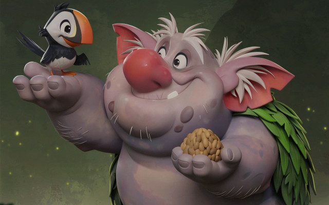 Cartoon bird on shoulder holding free wallpaper for desktop - medium preview image