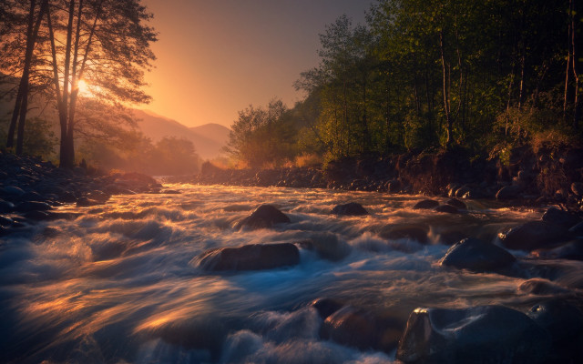 Hudson river impressionist sunset mountains free wallpaper for desktop - medium preview image