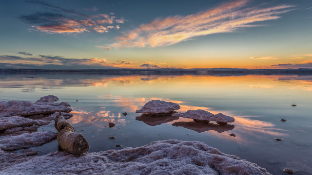 Sunset lake rocks water clouds free wallpaper for desktop - medium preview image