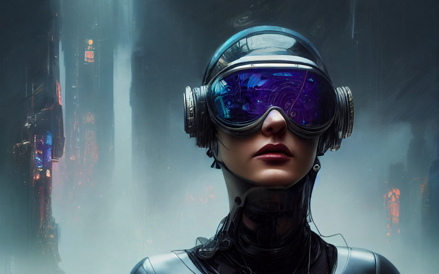 Woman headphones futuristic suit city free wallpaper for desktop - medium preview image