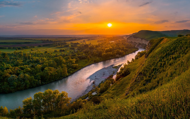 River hillside sunset clouds green free wallpaper for desktop - medium preview image