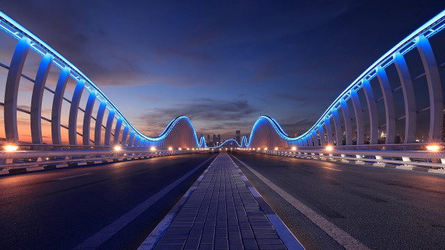 Bridge blue light cityscape mountains free wallpaper for desktop - medium preview image