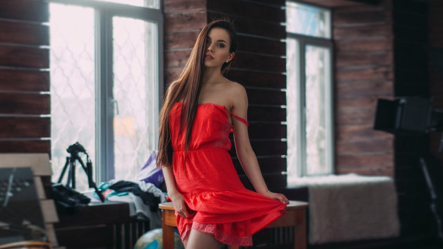 Woman red dress indoor portrait #2 free wallpaper for desktop - medium preview image