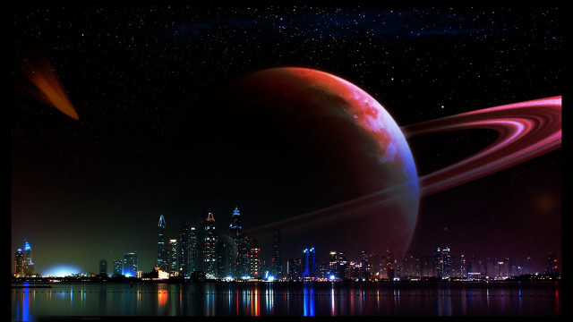 Red planet ring city night free wallpaper for desktop - medium preview image