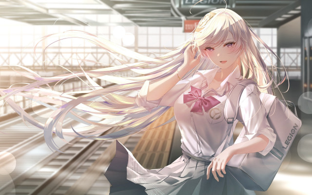 White hair girl train station free wallpaper for desktop - medium preview image
