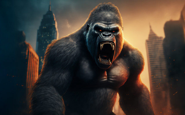 Gorilla city skyscrapers matte painting free wallpaper for desktop - medium preview image