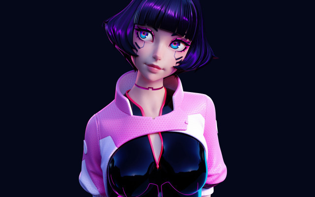 Purple haired woman pink outfit free wallpaper for desktop - medium preview image