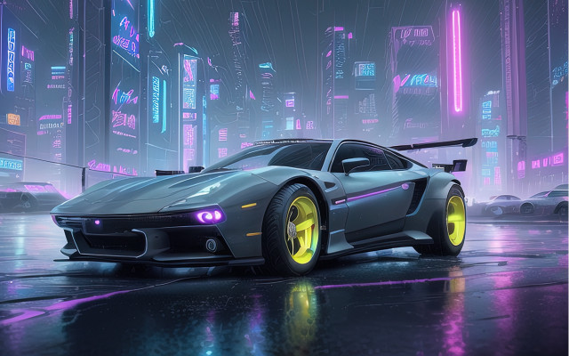 Futuristic car city night neon free wallpaper for desktop - medium preview image