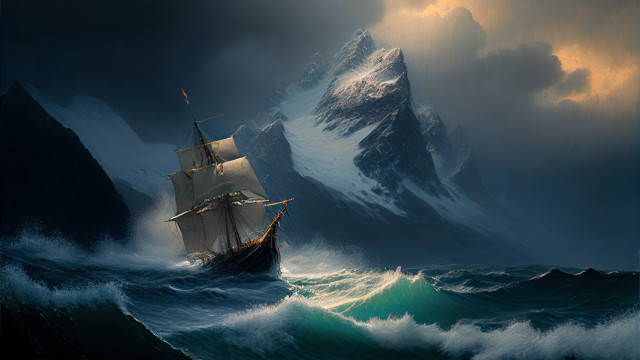 Ship mountain sea cloudy sky free wallpaper for desktop - medium preview image