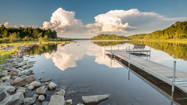 Lake dock bench cloudy sky free wallpaper for desktop - medium preview image