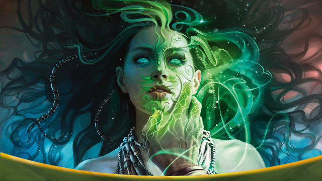 Green haired woman glowing eyes #2 free wallpaper for desktop - medium preview image