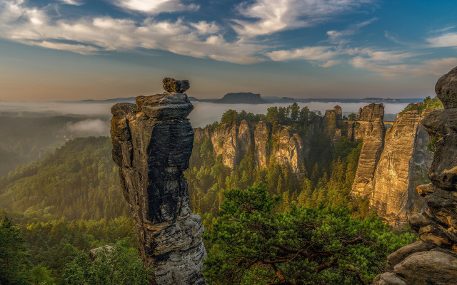 Mountain cliff trees foggy sky free wallpaper for desktop - medium preview image