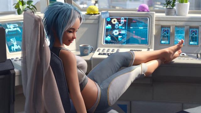 Blue haired woman retrofuturistic computer free wallpaper for desktop - medium preview image