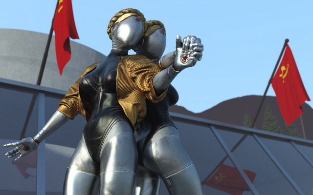 Hugging statue afrofuturism cybernetics clocktower free wallpaper for desktop - medium preview image