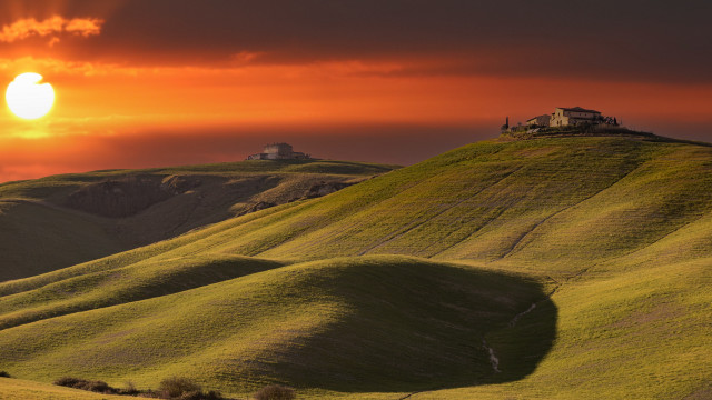 Sunset grassy hill house red free wallpaper for desktop - medium preview image