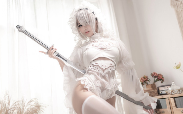 White dress woman knife cosplay free wallpaper for desktop - medium preview image