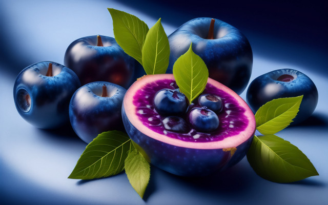 Blueberry bite leaves purple photorealistic free wallpaper for desktop - medium preview image