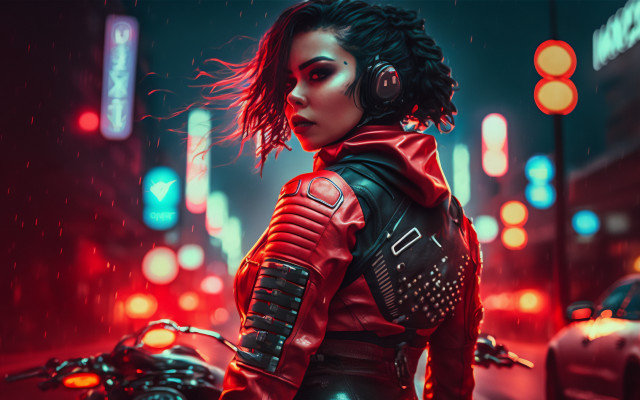 Woman red leather rain motorcycle free wallpaper for desktop - medium preview image