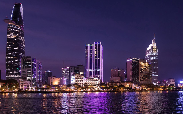 City skyline night river bridge free wallpaper for desktop - medium preview image