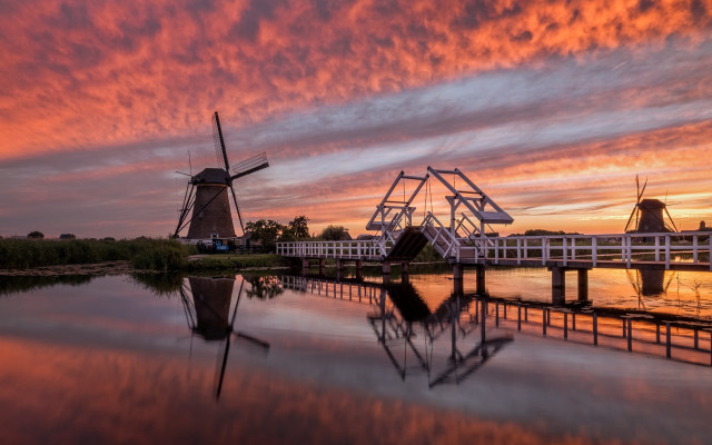 Windmill bridge reflection sunset landscape free wallpaper for desktop - medium preview image