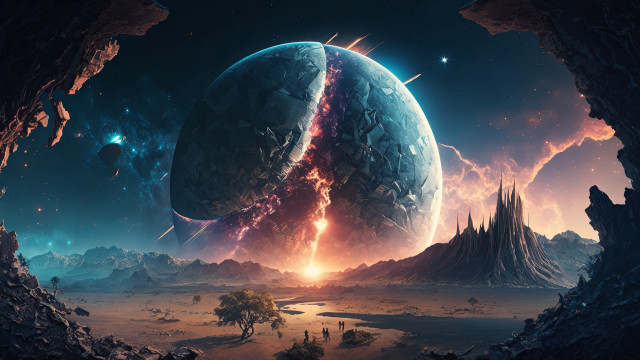 Planet star city mountains night free wallpaper for desktop - medium preview image