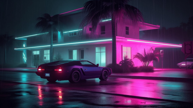 Car building neon palm retrofuturism free wallpaper for desktop - medium preview image