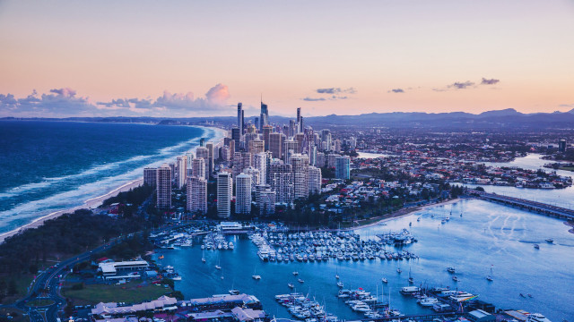 City harbor sunset bridge skyline free wallpaper for desktop - medium preview image