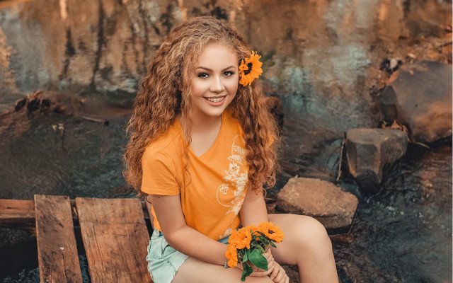 Girl flower bench brigette barrager free wallpaper for desktop - medium preview image