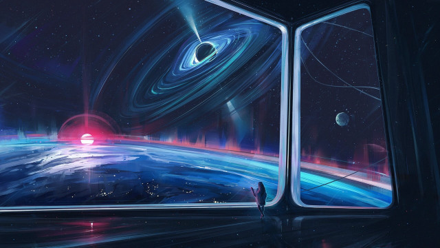 Planet astronaut window star fireworks free wallpaper for desktop - medium preview image