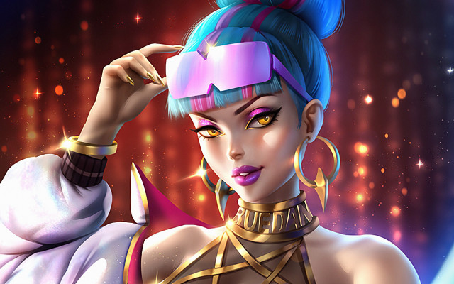 Blue hair pink top gold free wallpaper for desktop - medium preview image