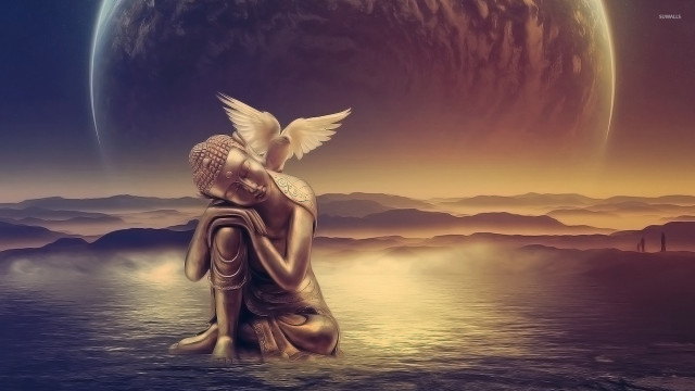 Statue sitting water bird shoulder free wallpaper for desktop - medium preview image