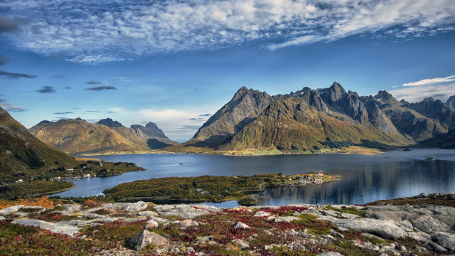 Mountain lake foregroud mountains sky free wallpaper for desktop - medium preview image