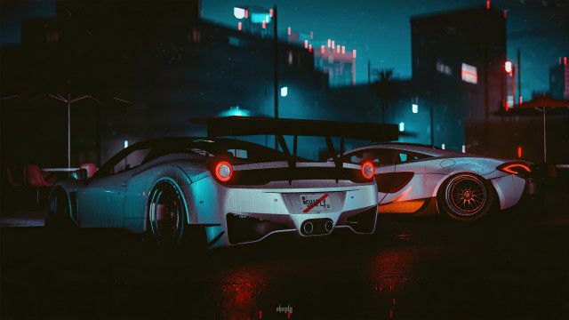 White sports cars night city free wallpaper for desktop - medium preview image