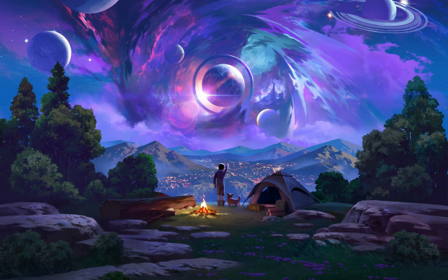 Campfire purple sky stars planets free wallpaper for desktop - medium preview image