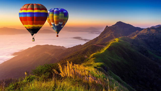 Hot air balloons mountain sunset free wallpaper for desktop - medium preview image