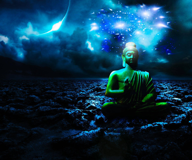 Buddha statue field stars planets free wallpaper for desktop - medium preview image