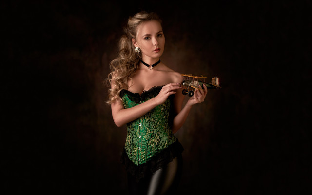 Woman green corset trumpet steampunk free wallpaper for desktop - medium preview image