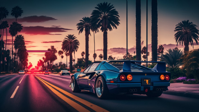 Blue car street palm trees free wallpaper for desktop - medium preview image