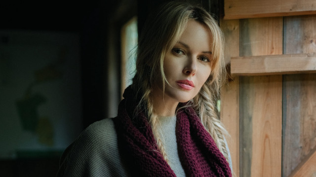 Woman scarf woodenwall blonde braid free wallpaper for desktop - medium preview image