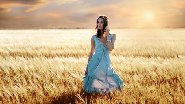 Woman blue dress field wheat free wallpaper for desktop - medium preview image