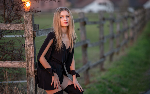 Woman fence crossed legs blonde free wallpaper for desktop - medium preview image