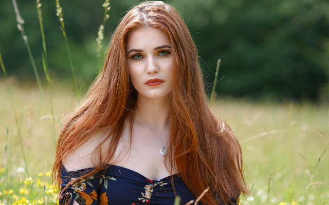 Red haired woman flower field #2 free wallpaper for desktop - medium preview image